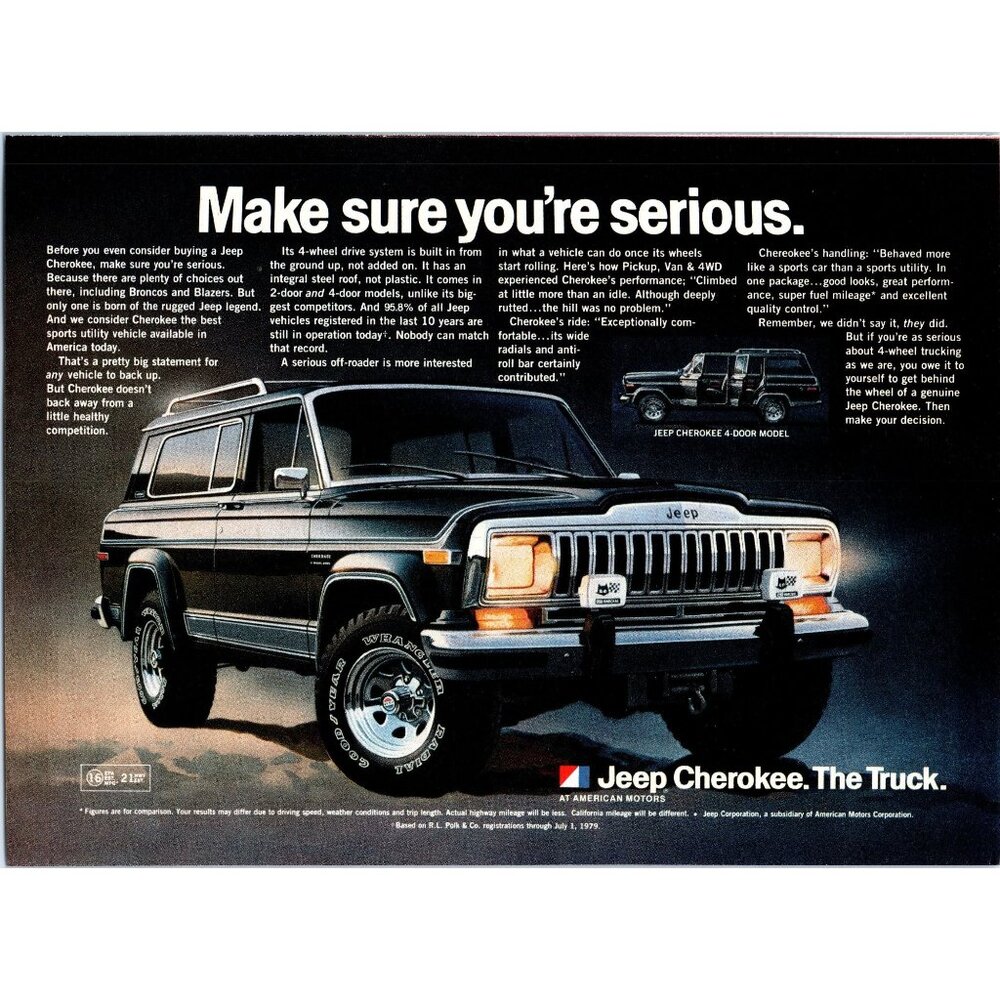 1981 Jeep Cherokee 2 Door Vintage Print Ad Offroad Classic SUV 4x4 Wall Art